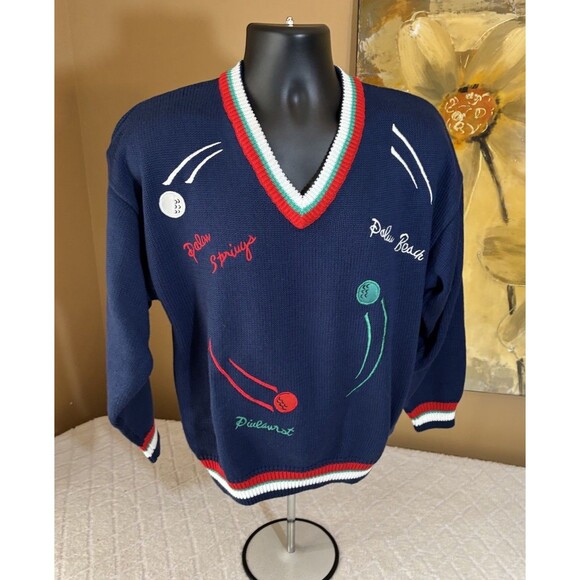 Vintage Quantum Sportswear Golf Themed Embroidered Striped Sweater Men’s Size L - Picture 6 of 16